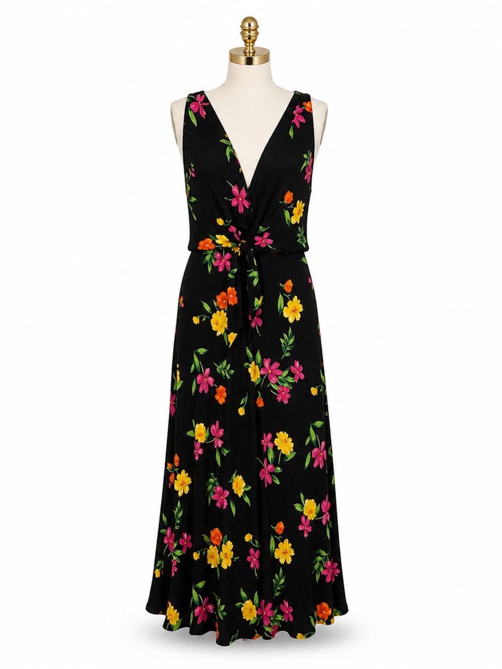Vintage Casual Corner Black Maxi Dress with Pink, Yellow & Orange Floral Print